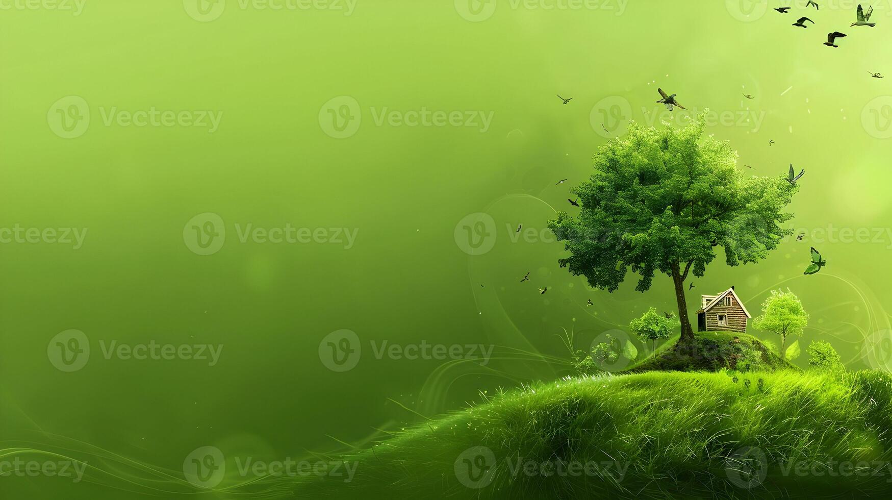 Green house on a hill with birds flying around it photo