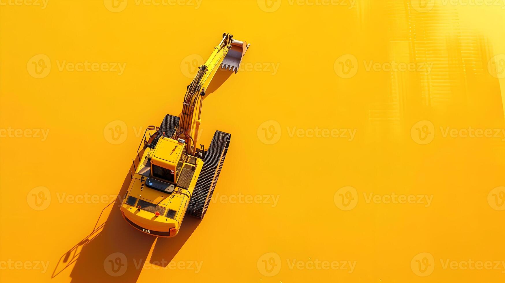A yellow construction vehicle is seen from above photo