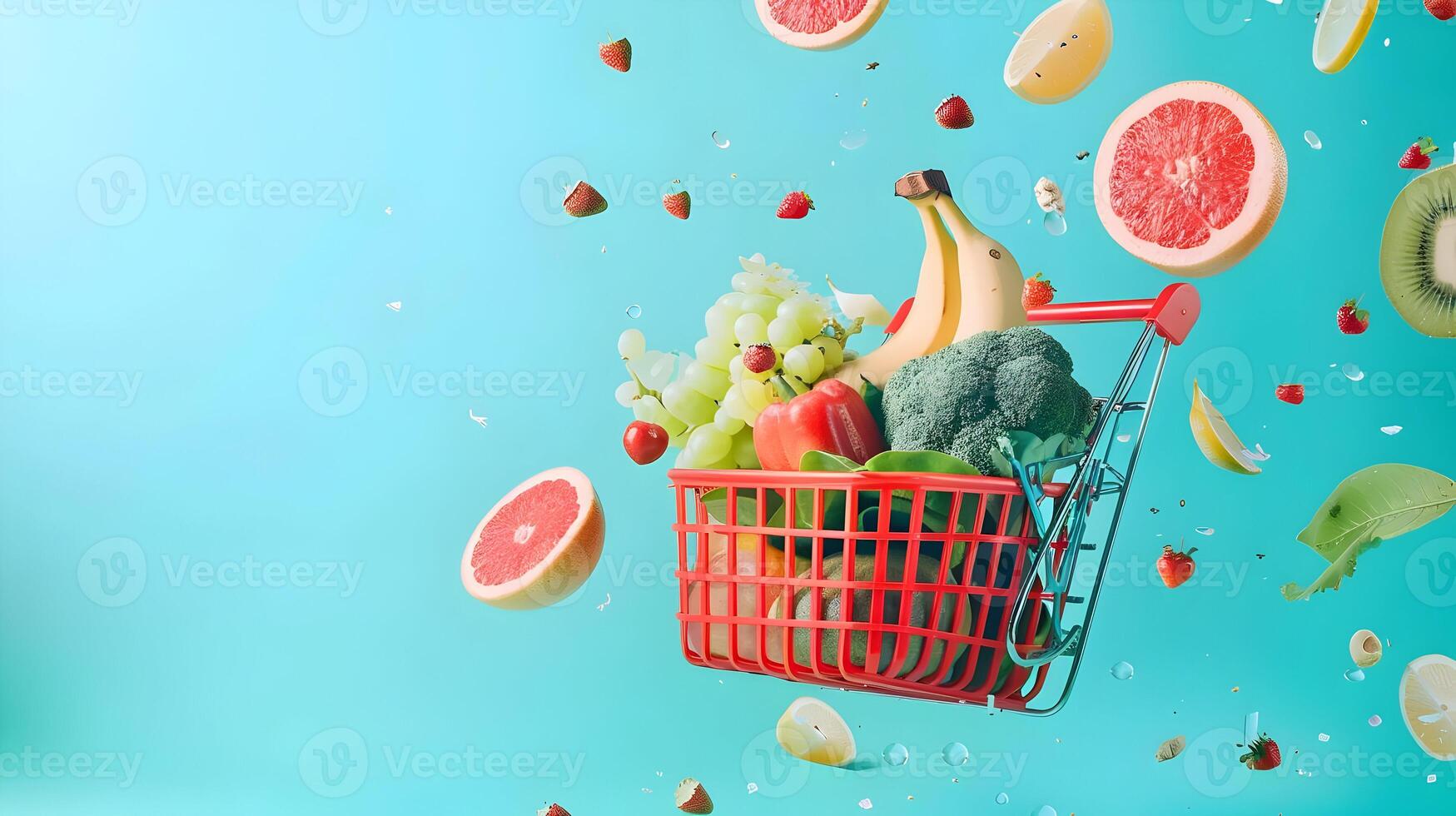 A shopping cart filled with fruits and vegetables photo