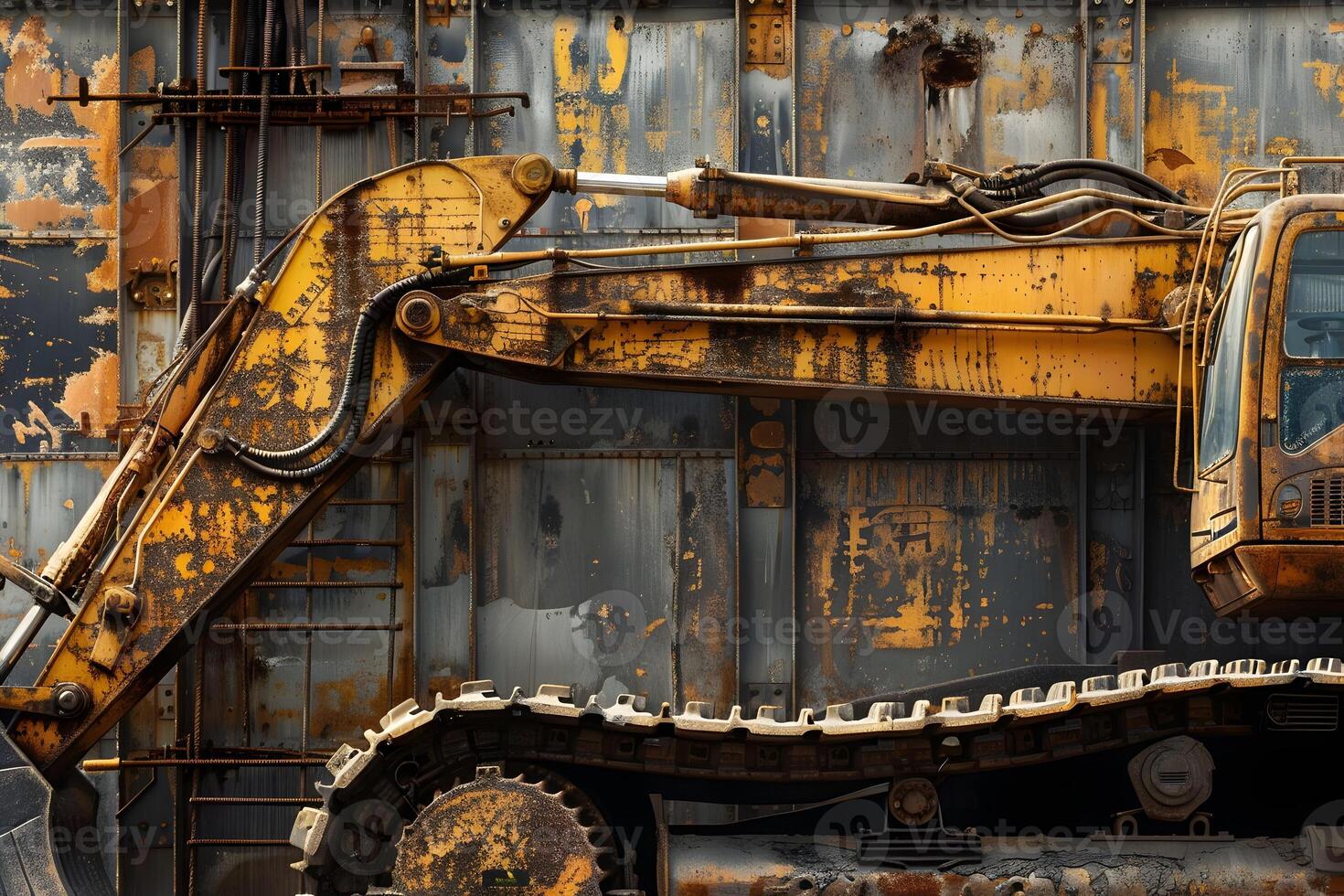 An old rusty excavator sitting on a rusty wall photo