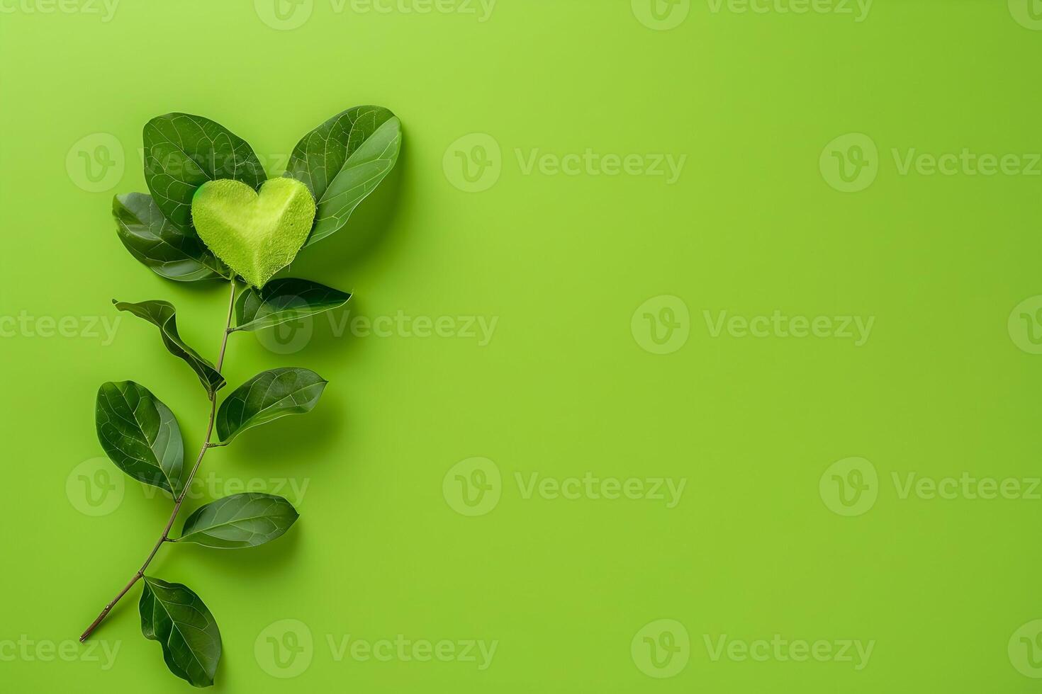 Green background with leaf and heart on it, copy space for text photo