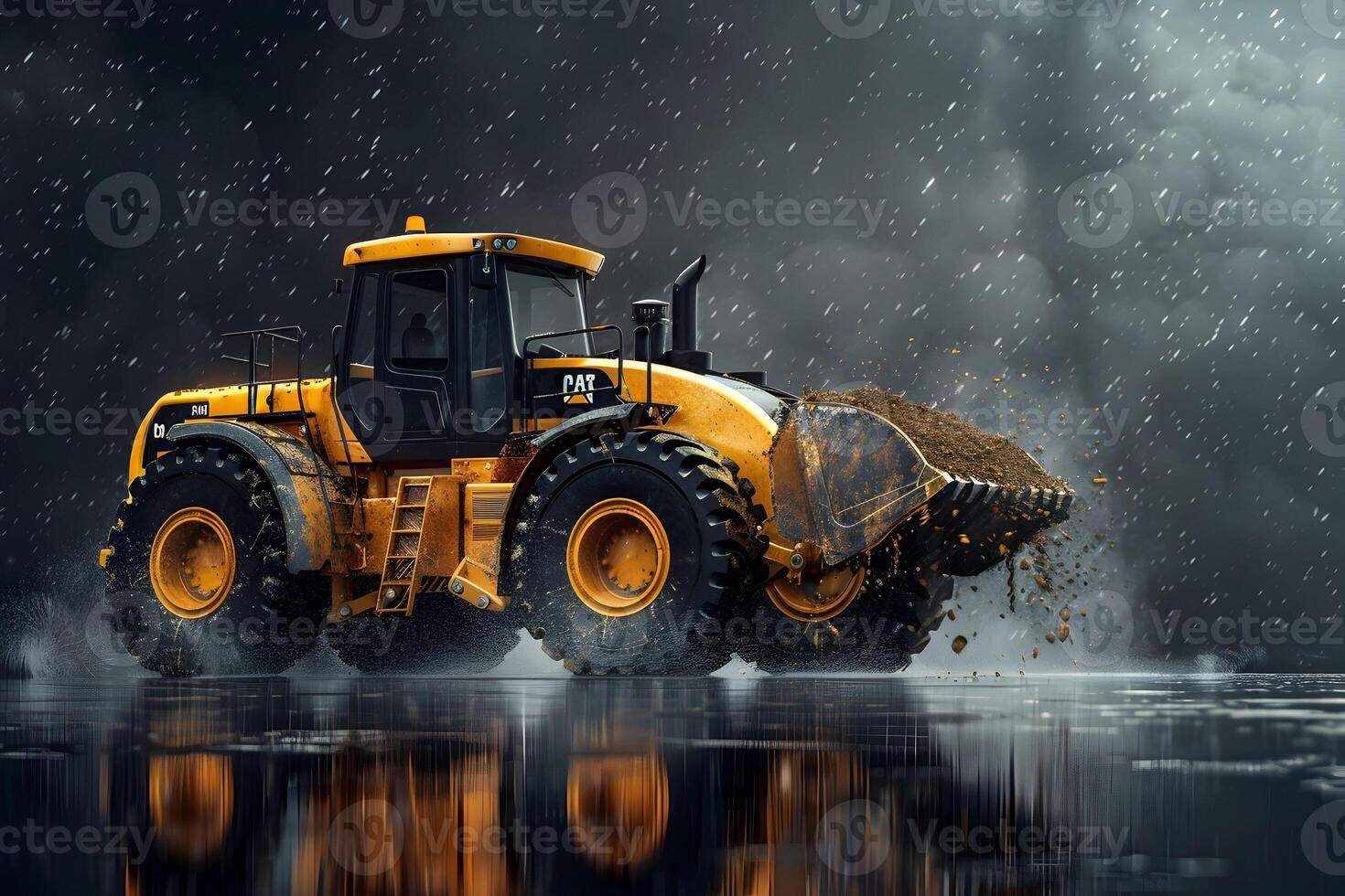 A large bulldozer is in the rain photo