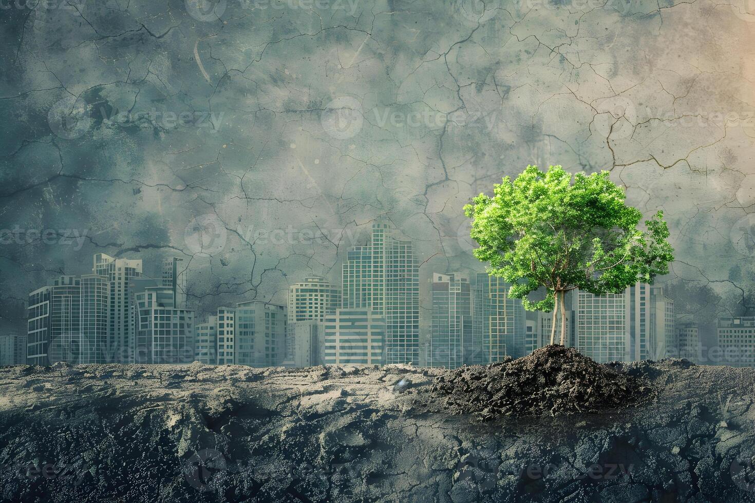 A tree growing out of the ground in front of a city photo