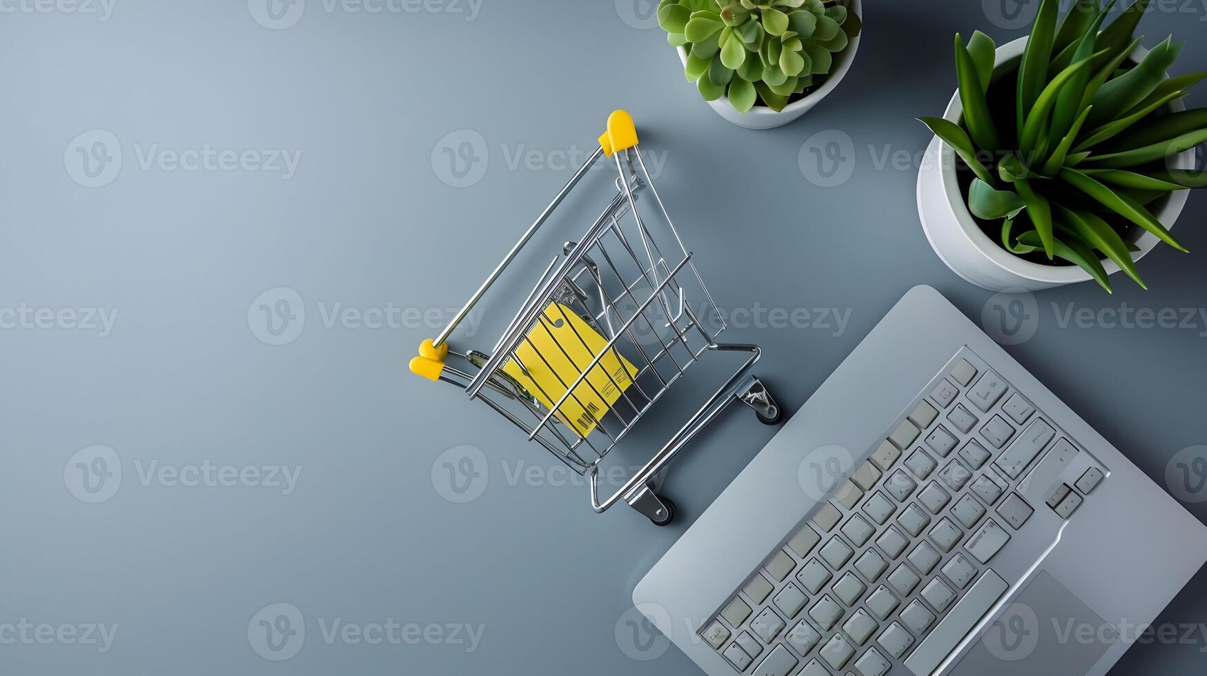 Shopping cart and laptop on gray background with potted plant photo