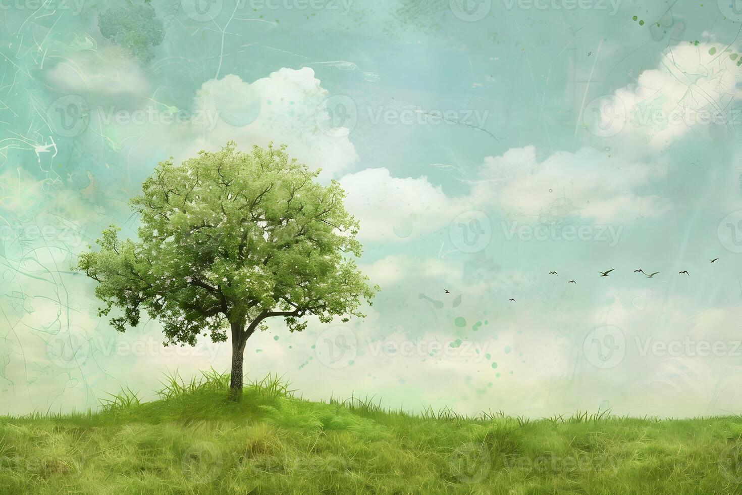 A painting of a tree on a grassy field photo