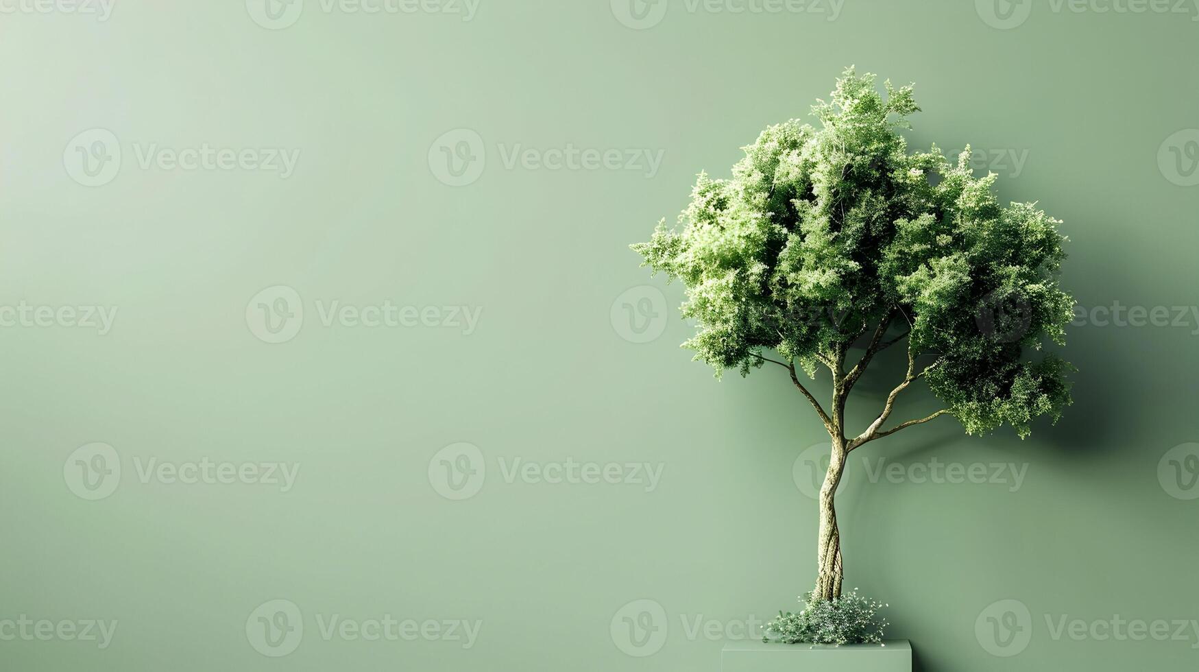 A small tree in a green vase on a wall photo