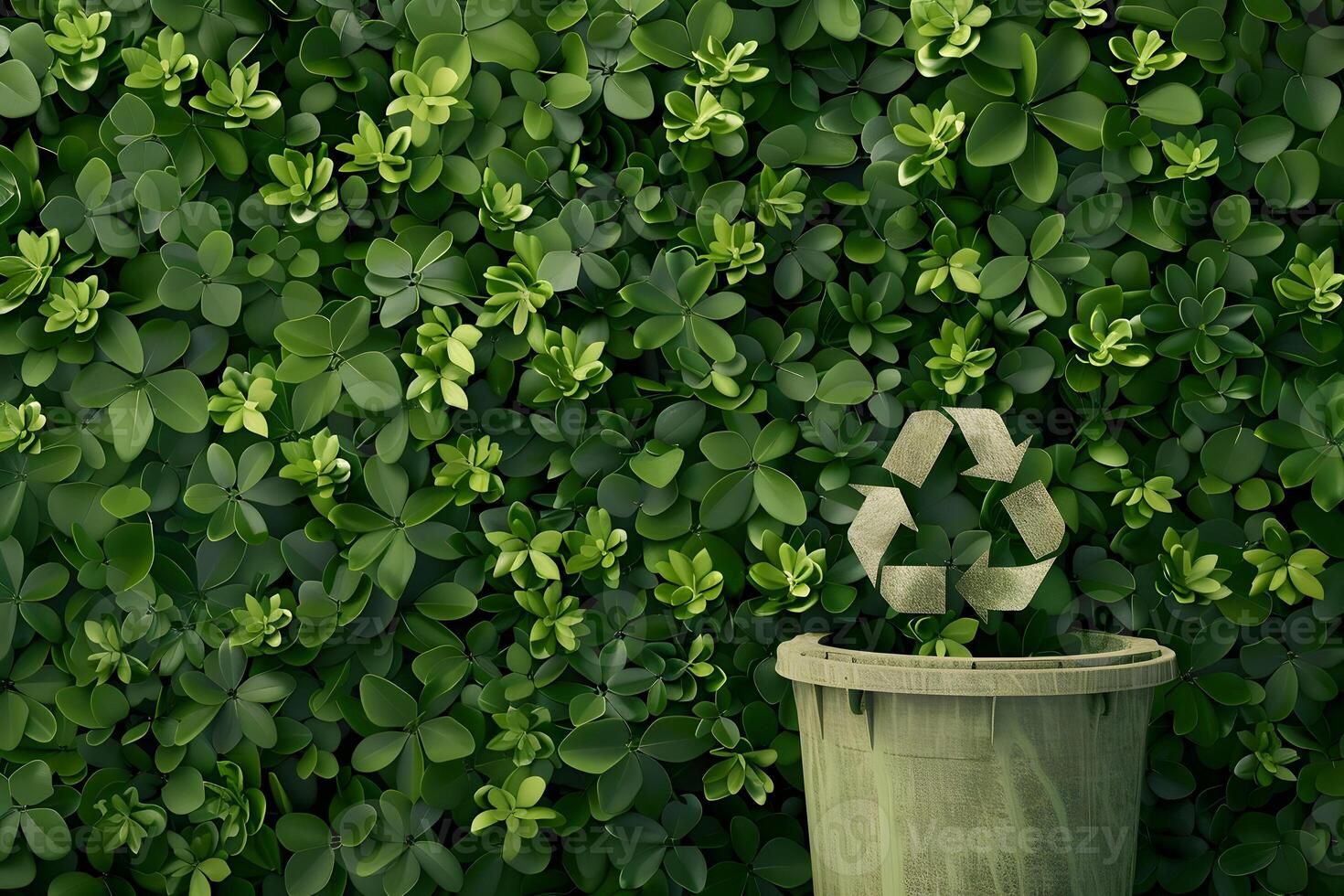 A green recycling bin in front of a wall of green leaves photo