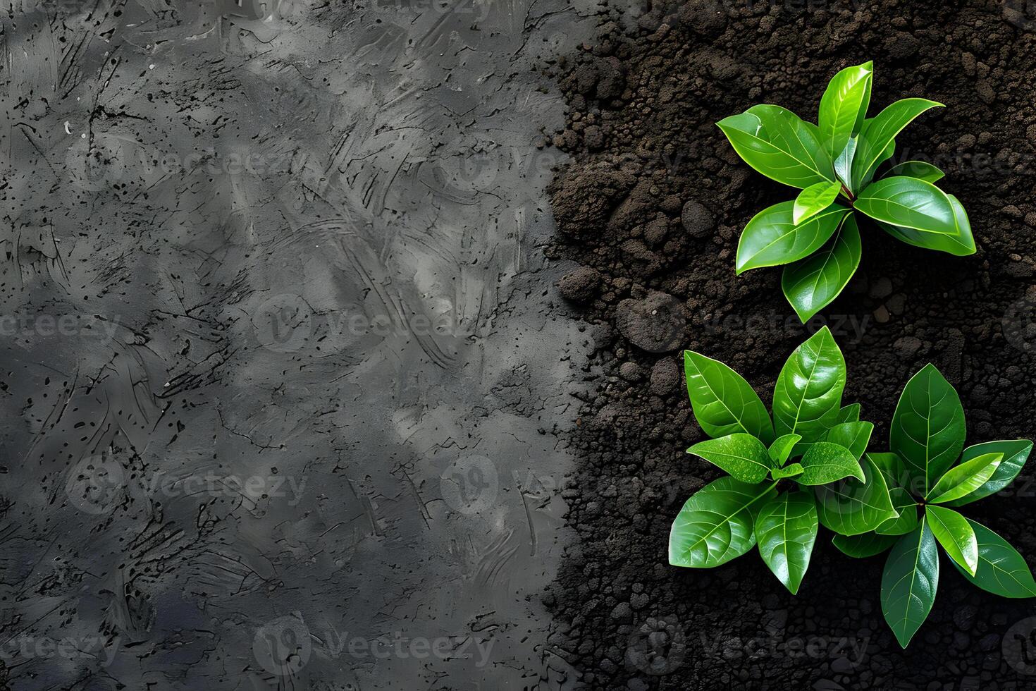 Two plants growing in soil on a black background photo