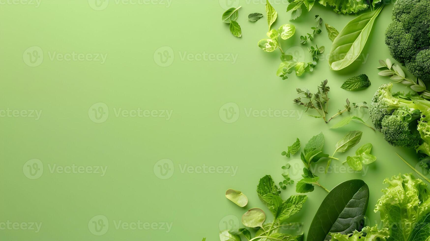 Fresh green vegetables on a green background photo