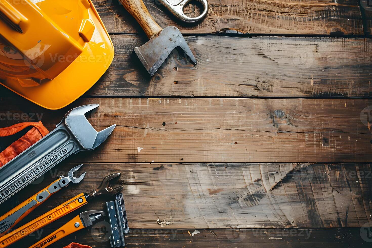 Construction tools on wooden table photo