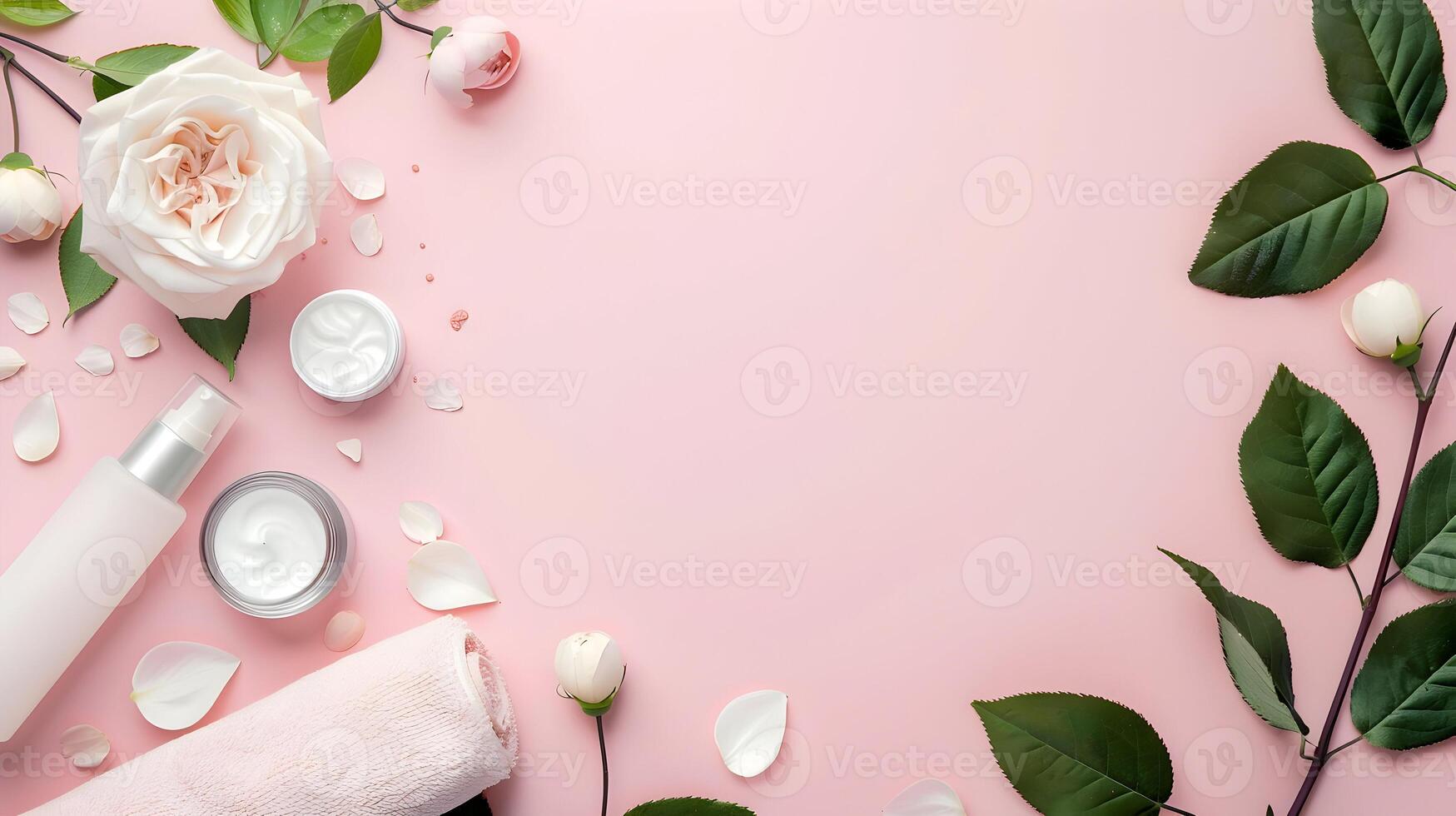 Beauty products on a pink background with white flowers photo
