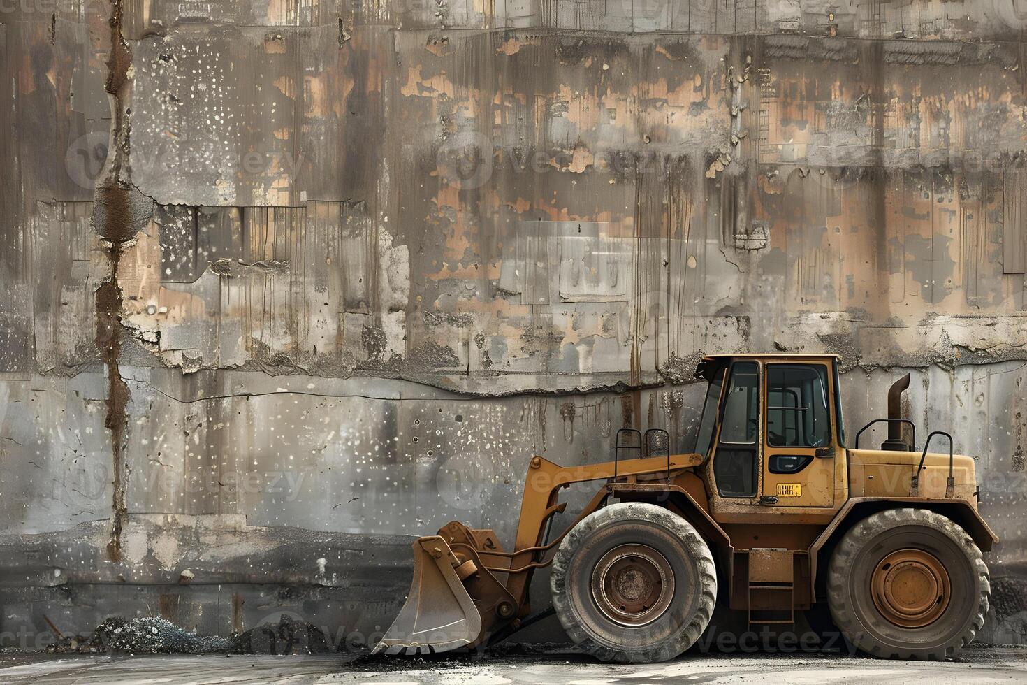 A bulldozer is parked in front of a wall photo