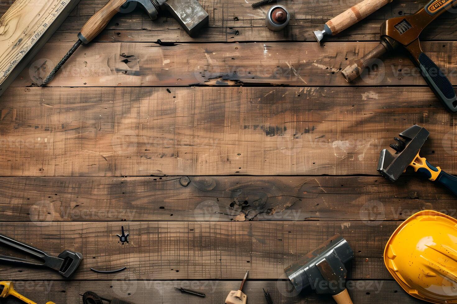 Tools on a wooden table with space for text photo