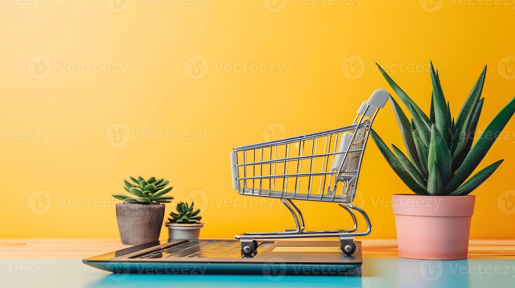 Shopping cart on a scale with potted succulents on yellow background photo