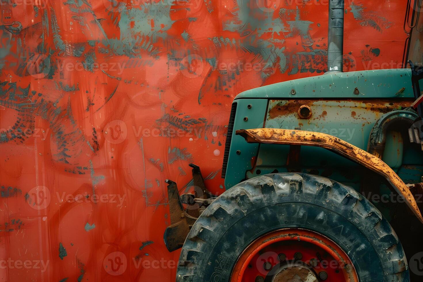 A tractor parked next to a red wall photo