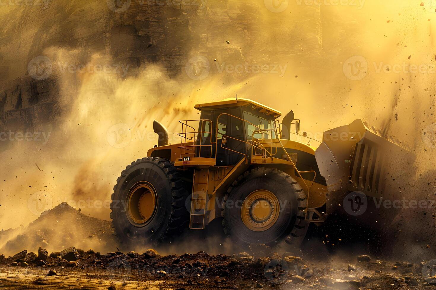 A bulldozer is driving through a dirt field photo
