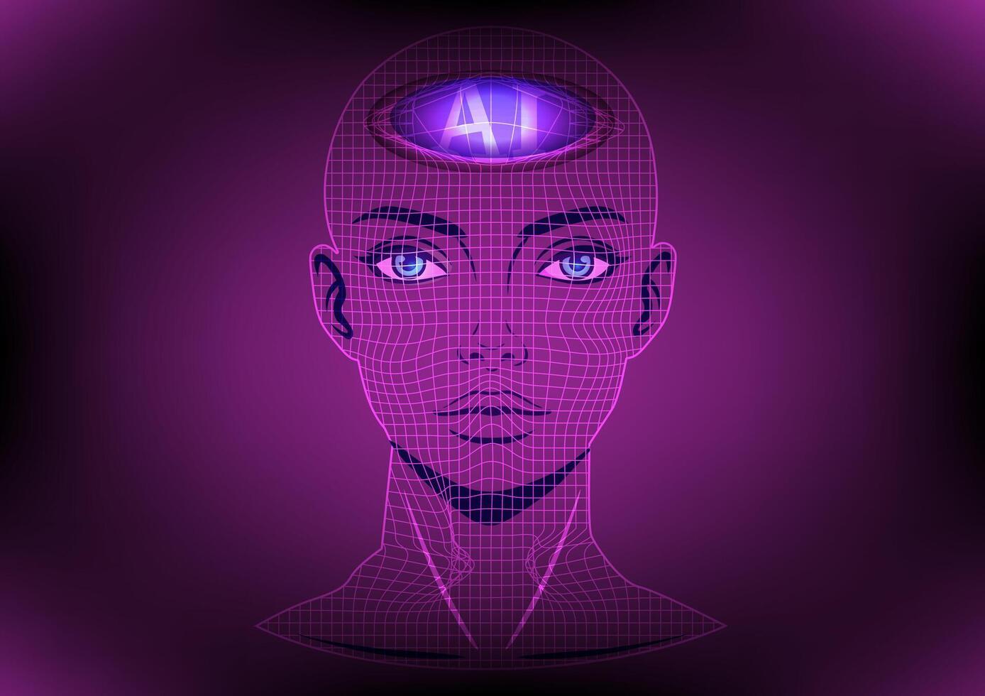 Technology Background Futuristic AI face with digital grid and neural vector