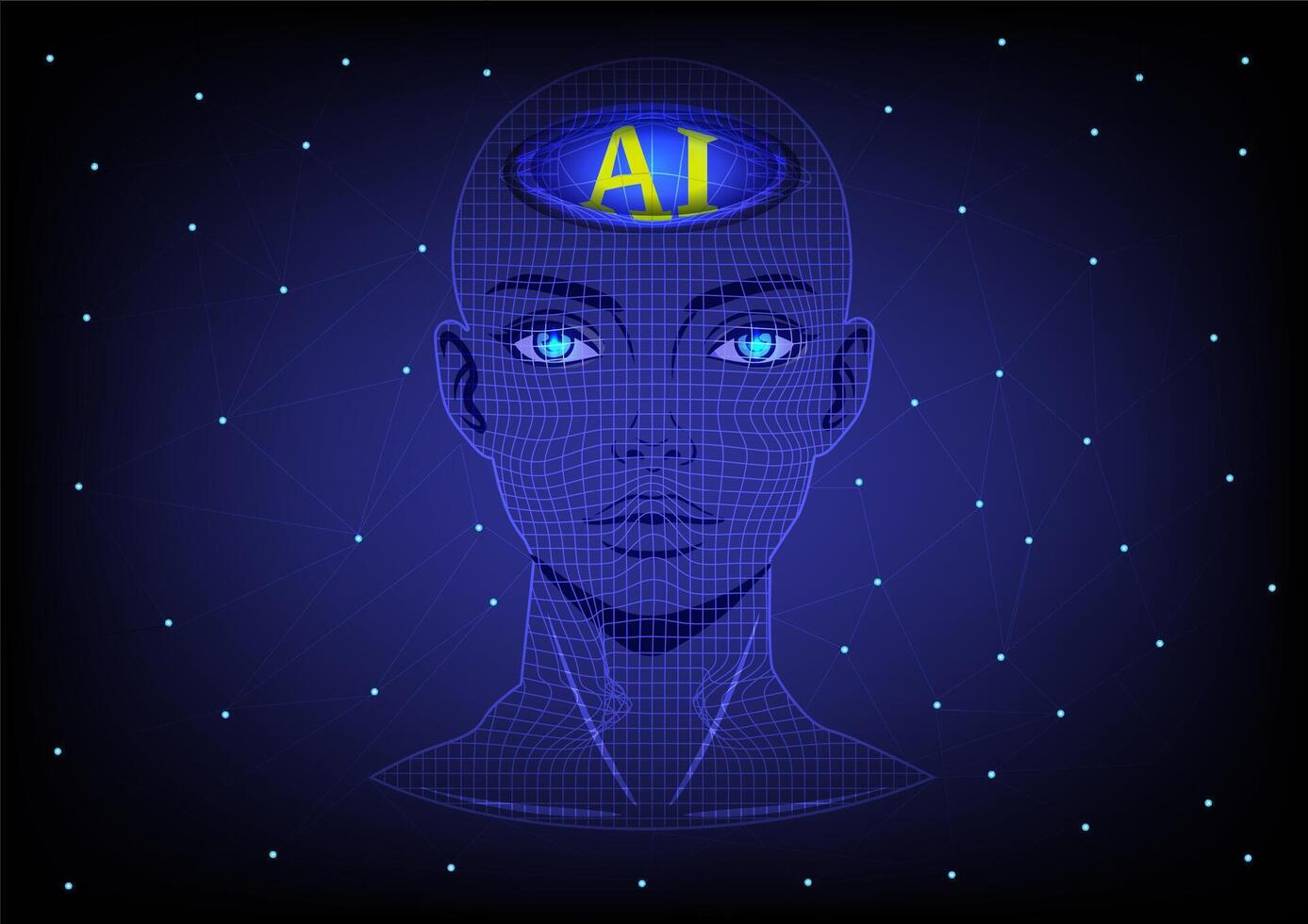 Technology Background Futuristic AI Face with Digital Grid vector
