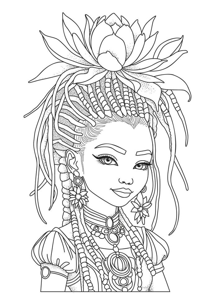 Portrait of a beautiful girl with dreadlocks decorated with a lotus flower. Coloring page. Illustration for coloring. vector