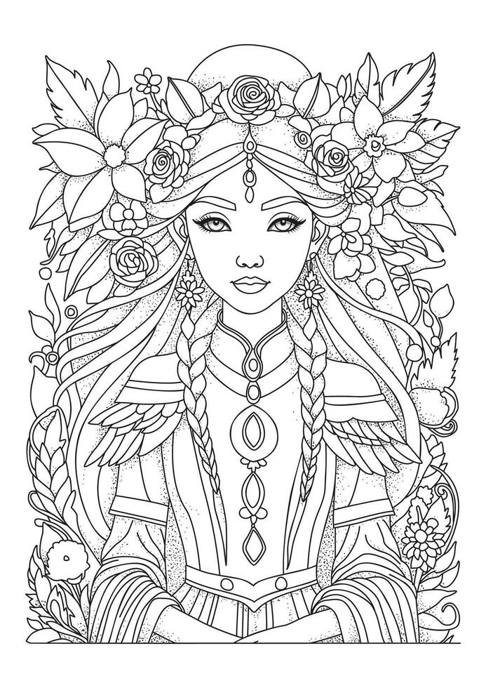 Beautiful girl in an elegant dress and a beautiful hairstyle decorated with flowers. Illustration for coloring. vector