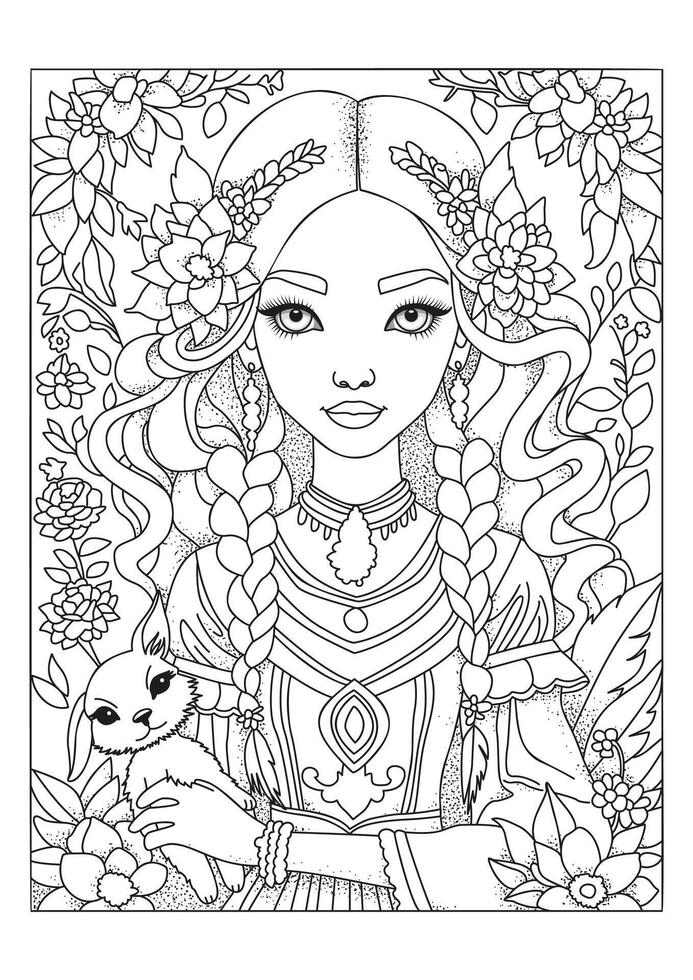 Portrait of a cute girl with a soft toy. Coloring page for kids and adults. Illustration for coloring. vector