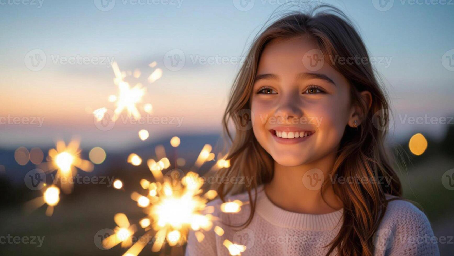 A young girl is smiling while holding sparklers photo