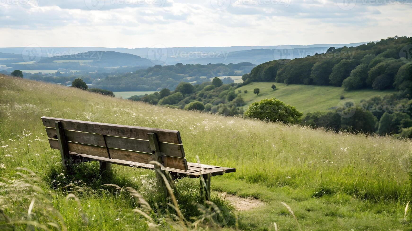 Bench on Hilltop Overlooking Distant Landscape Scenery photo
