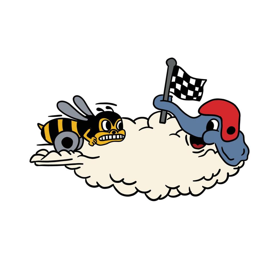 bee and elephant racing retro cartoon character logo illustration vector