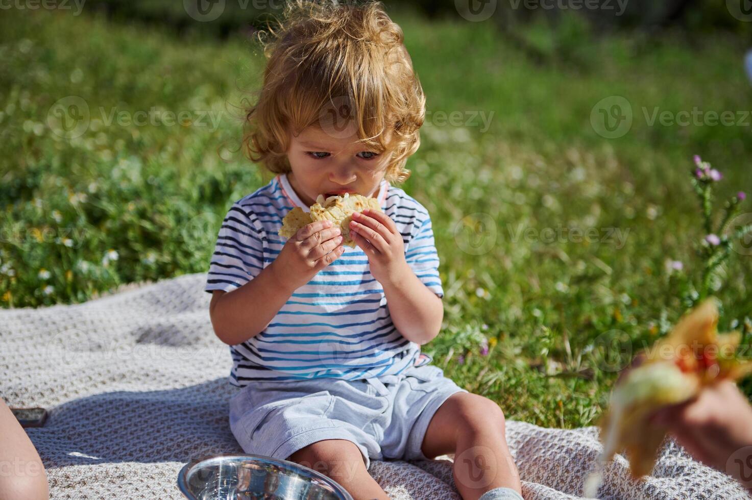 Child Enjoying a Taco During a Summer Picnic in a Sunny Nature Setting photo