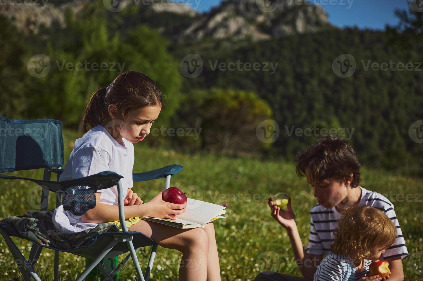Family Enjoying Outdoor Picnic in Nature Amidst Scenic Mountain Views photo