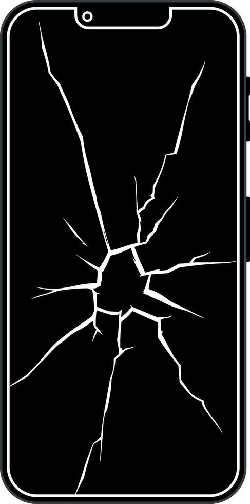 Illustration of smartphone or mobile phone with broken or cracked screen. Redrawn in simple flat style. No background. vector