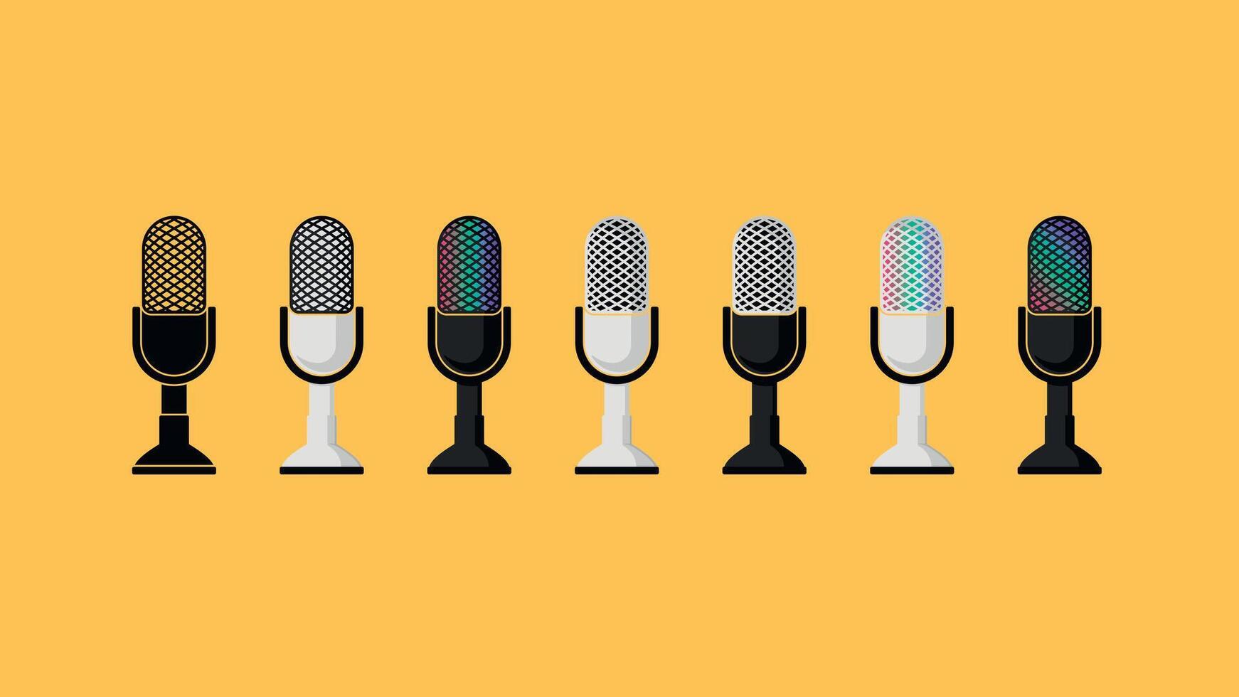 Colorful set of 7 retro-style microphone icons for podcast, streaming, music, or radio content. Stylish flat design on vibrant yellow background. Ideal for media and audio branding. vector