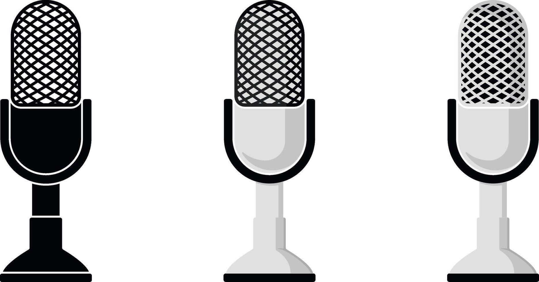 Set of three minimal black and white microphone icons, perfect for podcast, stream, audio apps, or studio branding. Transparent background. vector