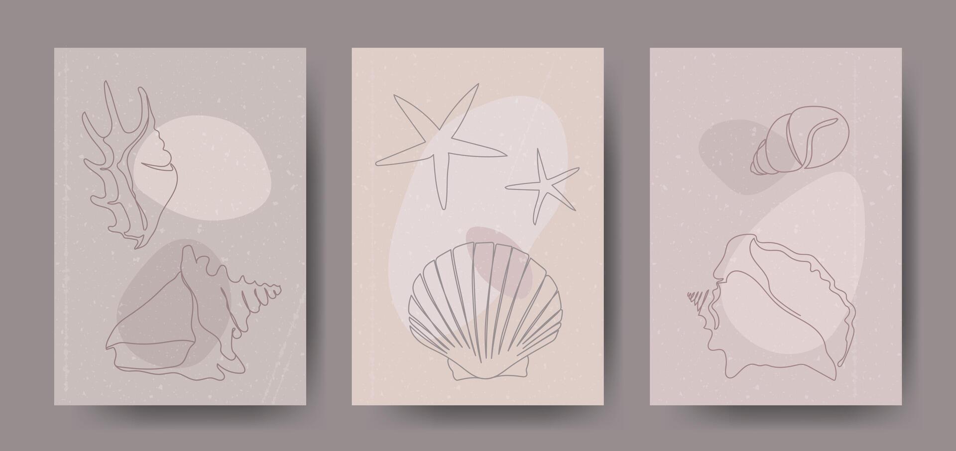 Seashells on abstract background. Seashells vintage poster set. One line drawing of a shell. Summer cards textured concept. vector