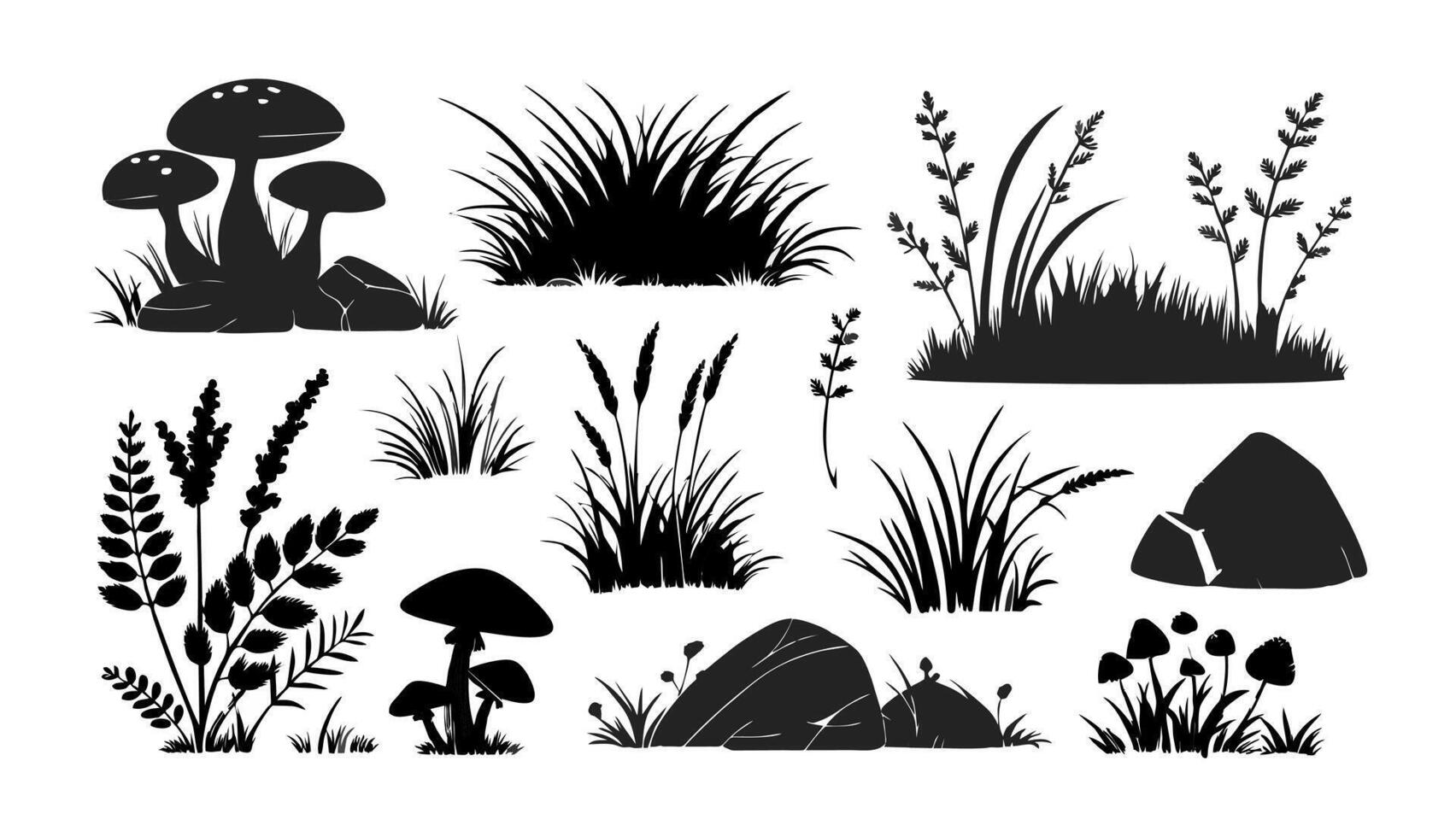 Black silhouettes of grass, herbs, mushrooms and rocks growing in the meadow isolated on white background vector