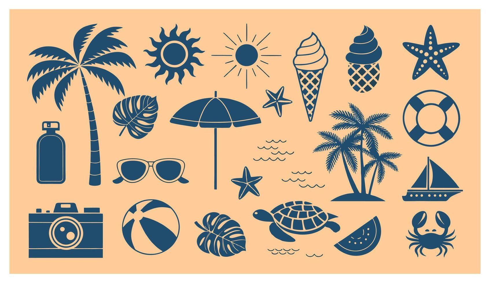 Minimalist icons representing summer holidays at the beach, including symbols of travelling, leisure and relax vector