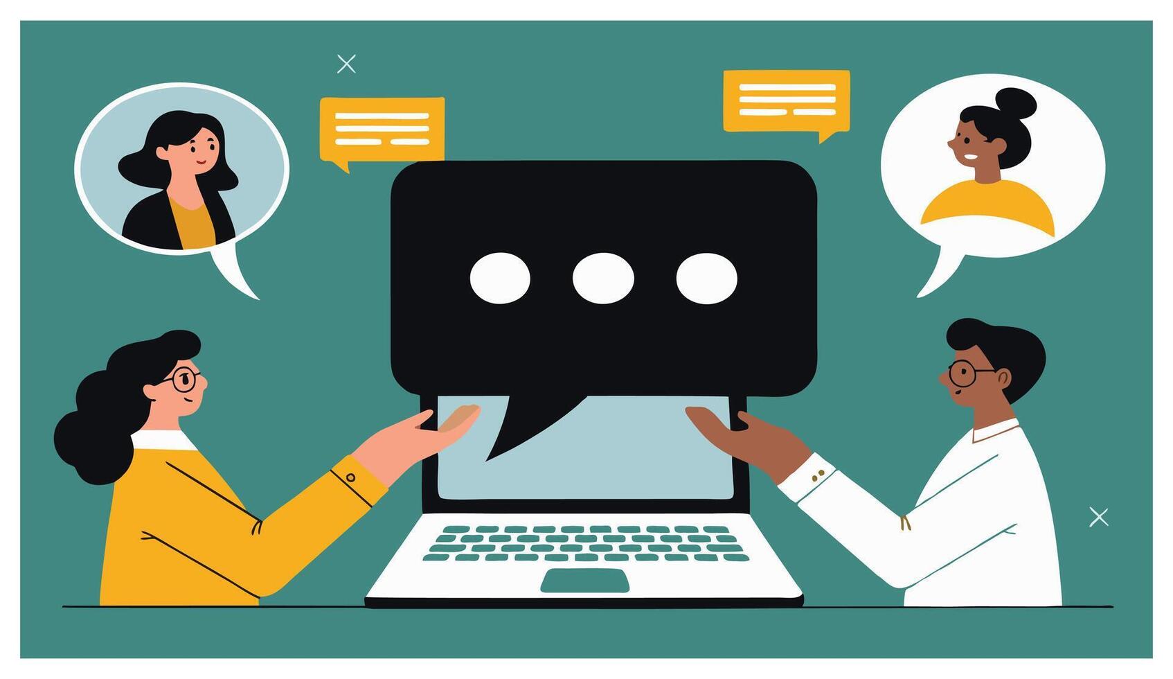 Office workers using laptop for conference and chatting with colleagues, online communication and teamwork concept vector