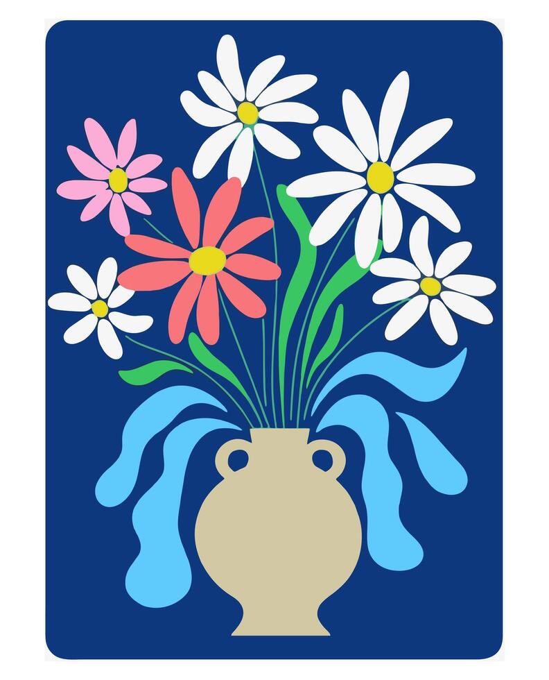 Bright daisy bouquet nestled in vintage amphora, blue wave patterns adorning dark background, whimsical floral illustration capturing delicate botanical charm vector