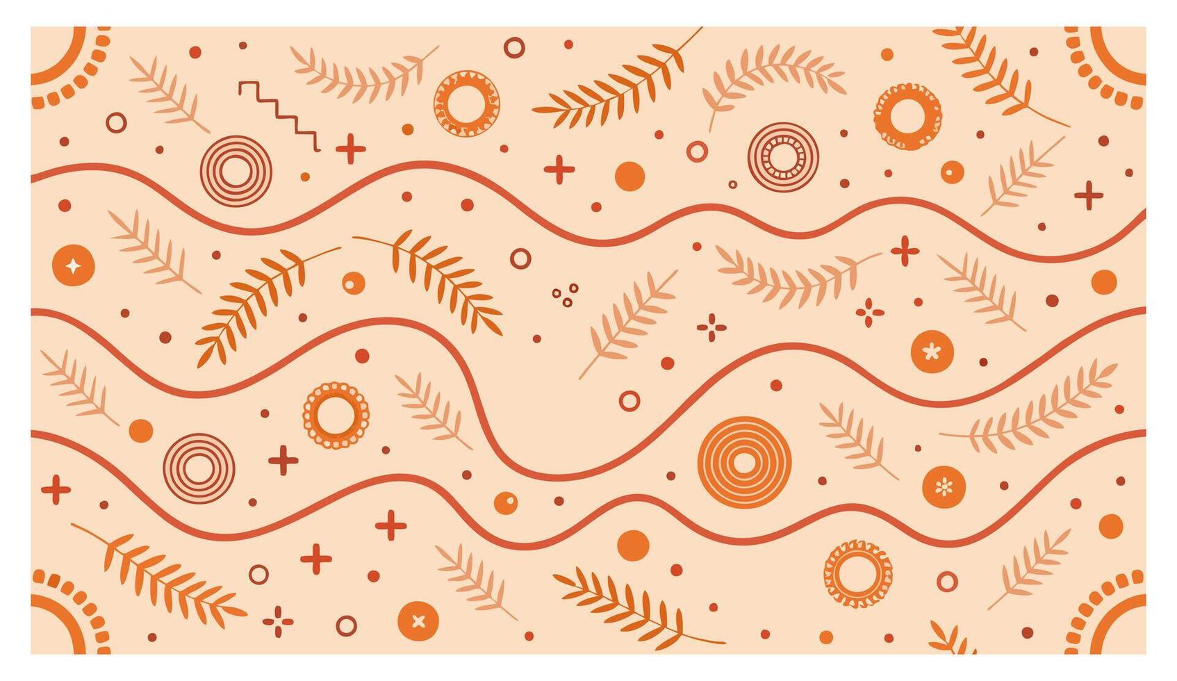 Terracotta abstract seamless pattern with leaves and geometric shapes flowing on wavy lines, ideal for backgrounds, packaging, fabrics, textiles, wrapping paper vector