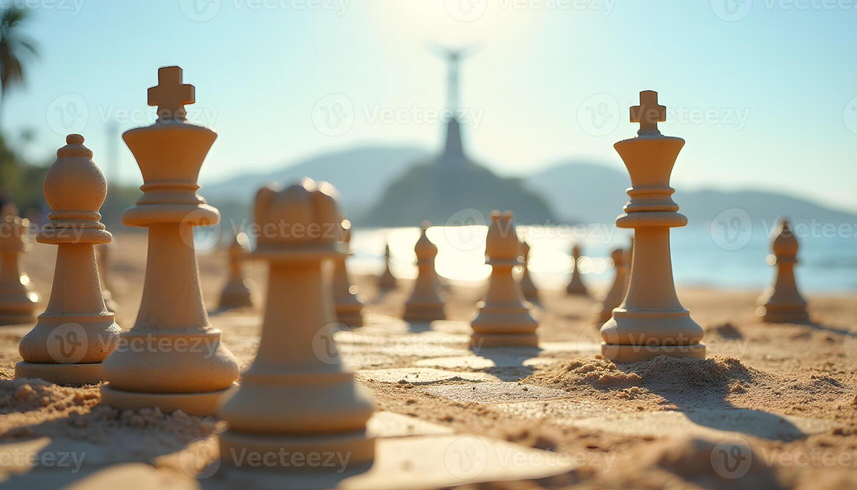 Chess Pieces on Beach with Christ the Redeemer Statue photo