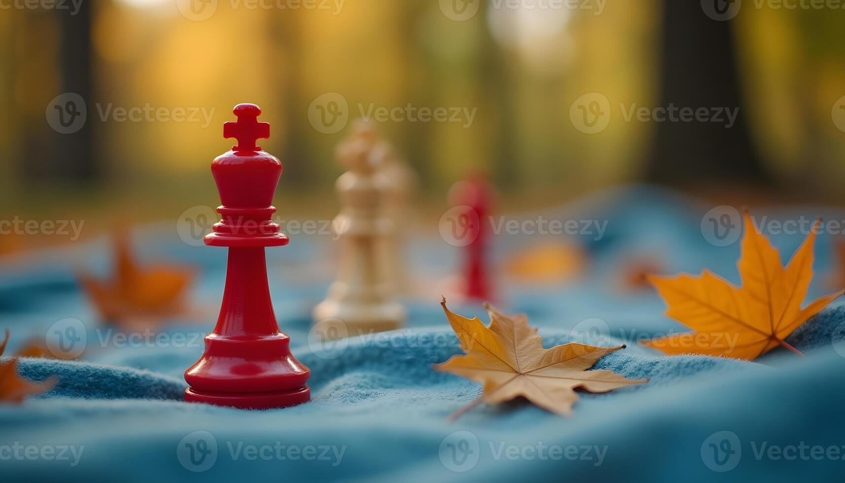 Red King Chess Piece on Blanket with Fall Leaves photo