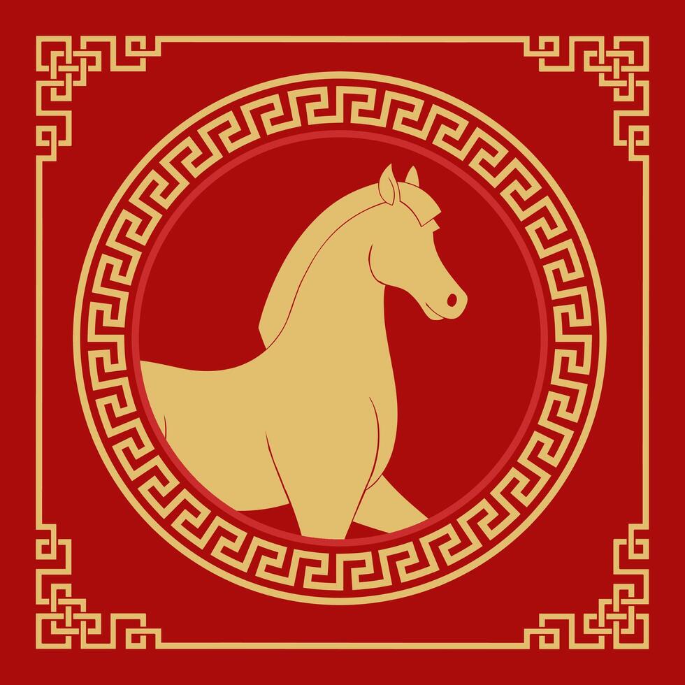 a golden horse on a red background. 2026 Chinese New year, zodiac sign horoscope. vector