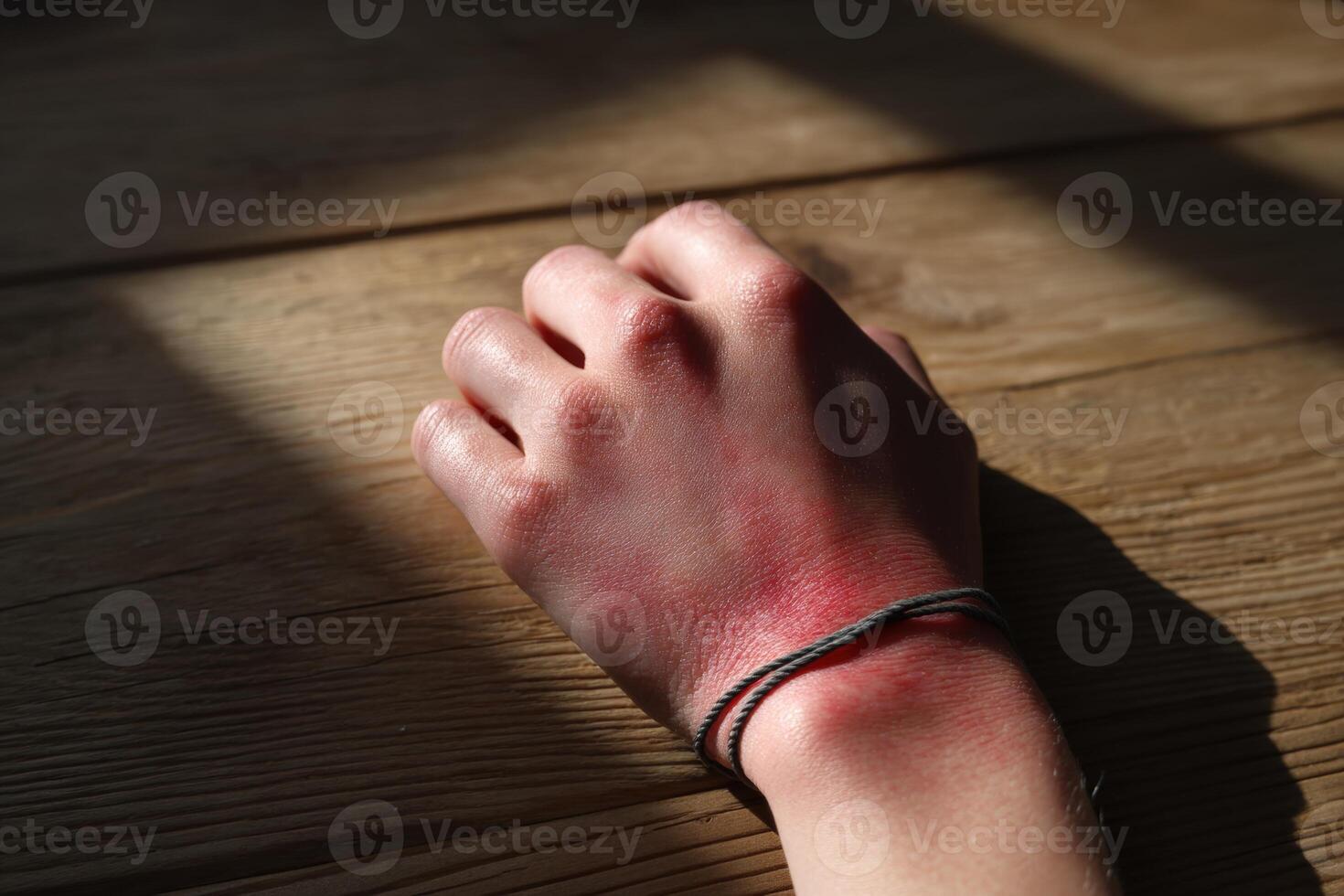 Hand with sunburn marks resting on a wooden table in soft afternoon light photo