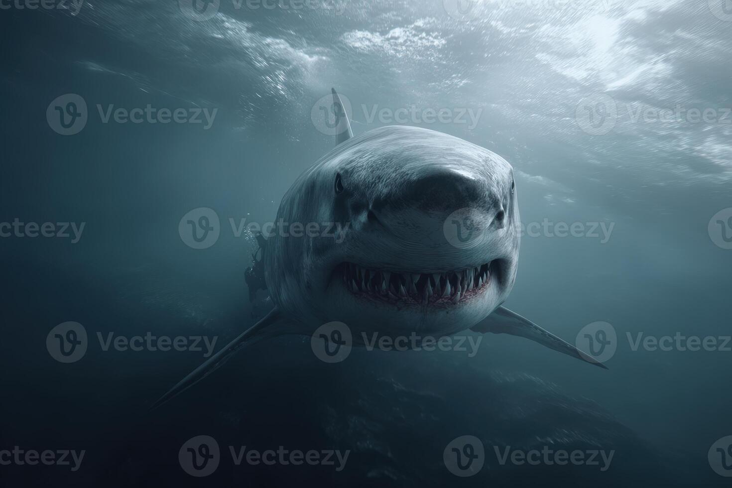 Great white shark gliding through ocean depths in search of food photo