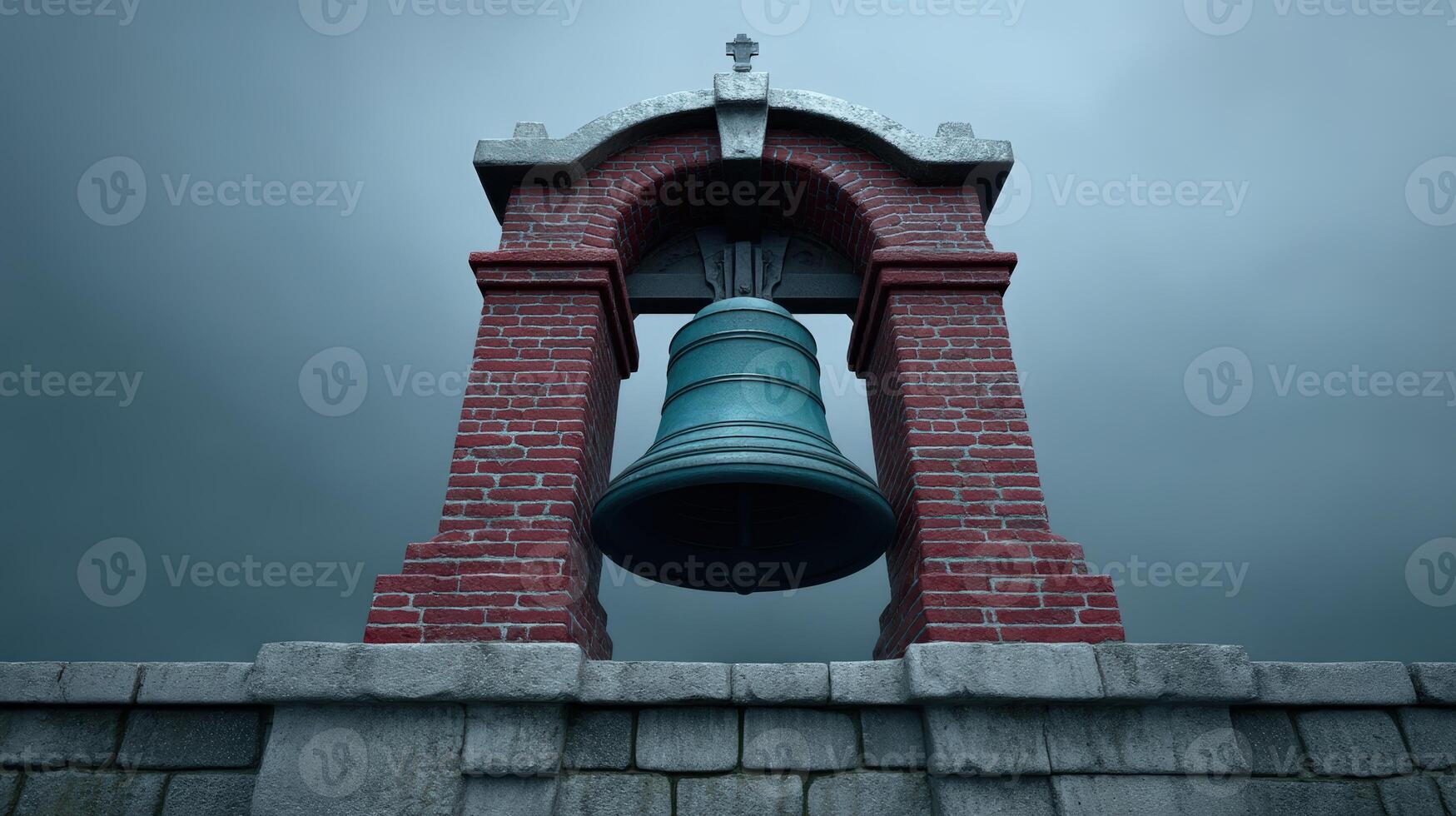 Historic bell tower with a large bell under a cloudy sky at sunset photo