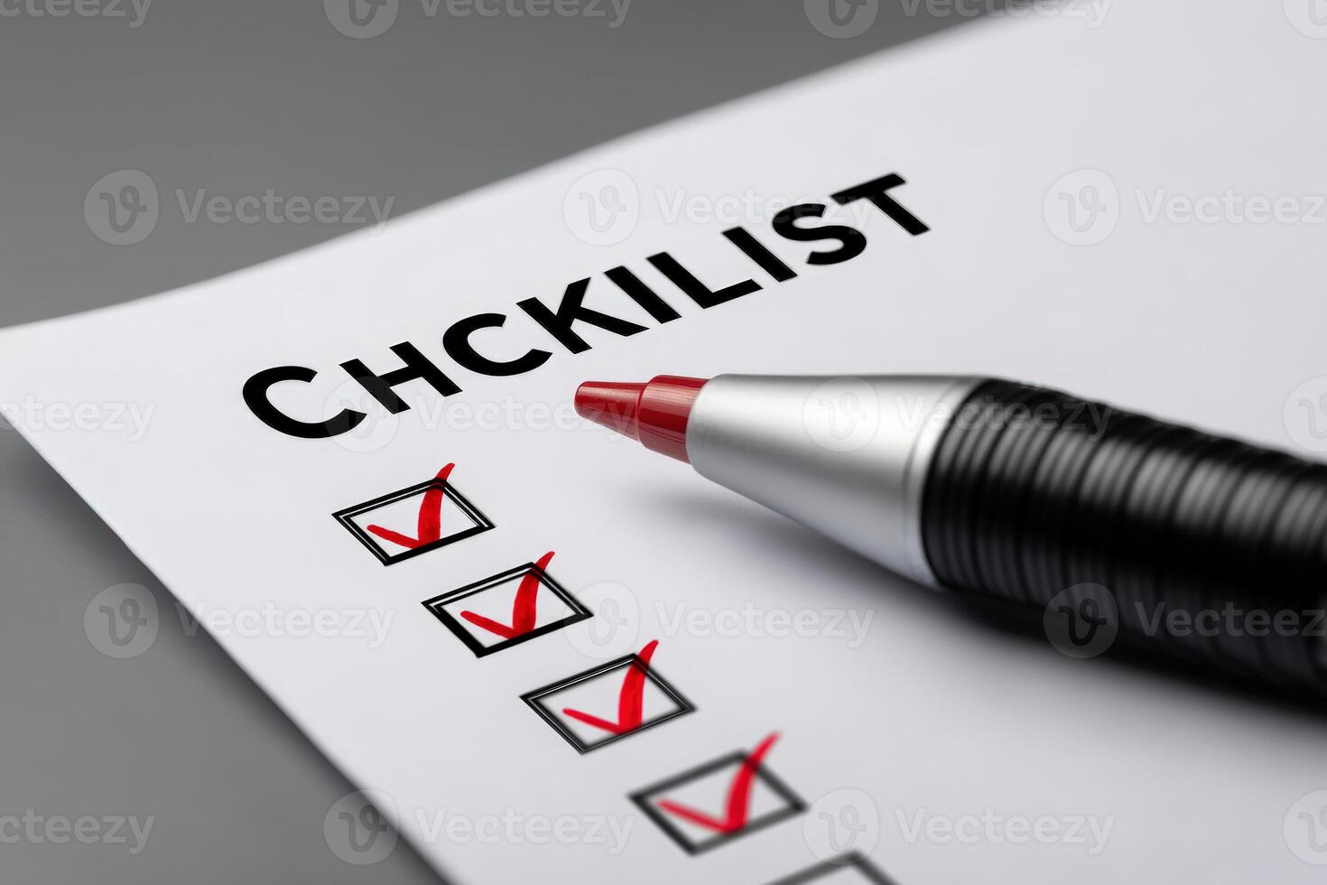Checklist with completed tasks marked by red pen on a gray background photo