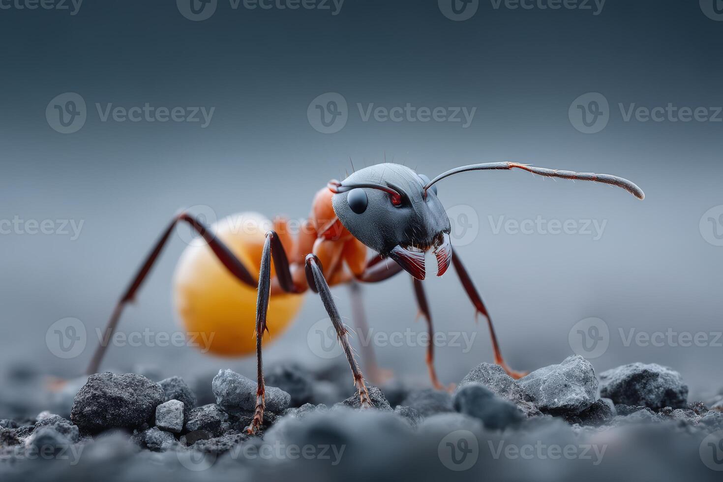Close-up of a red and black ant exploring rocky terrain in a natural setting during daylight photo