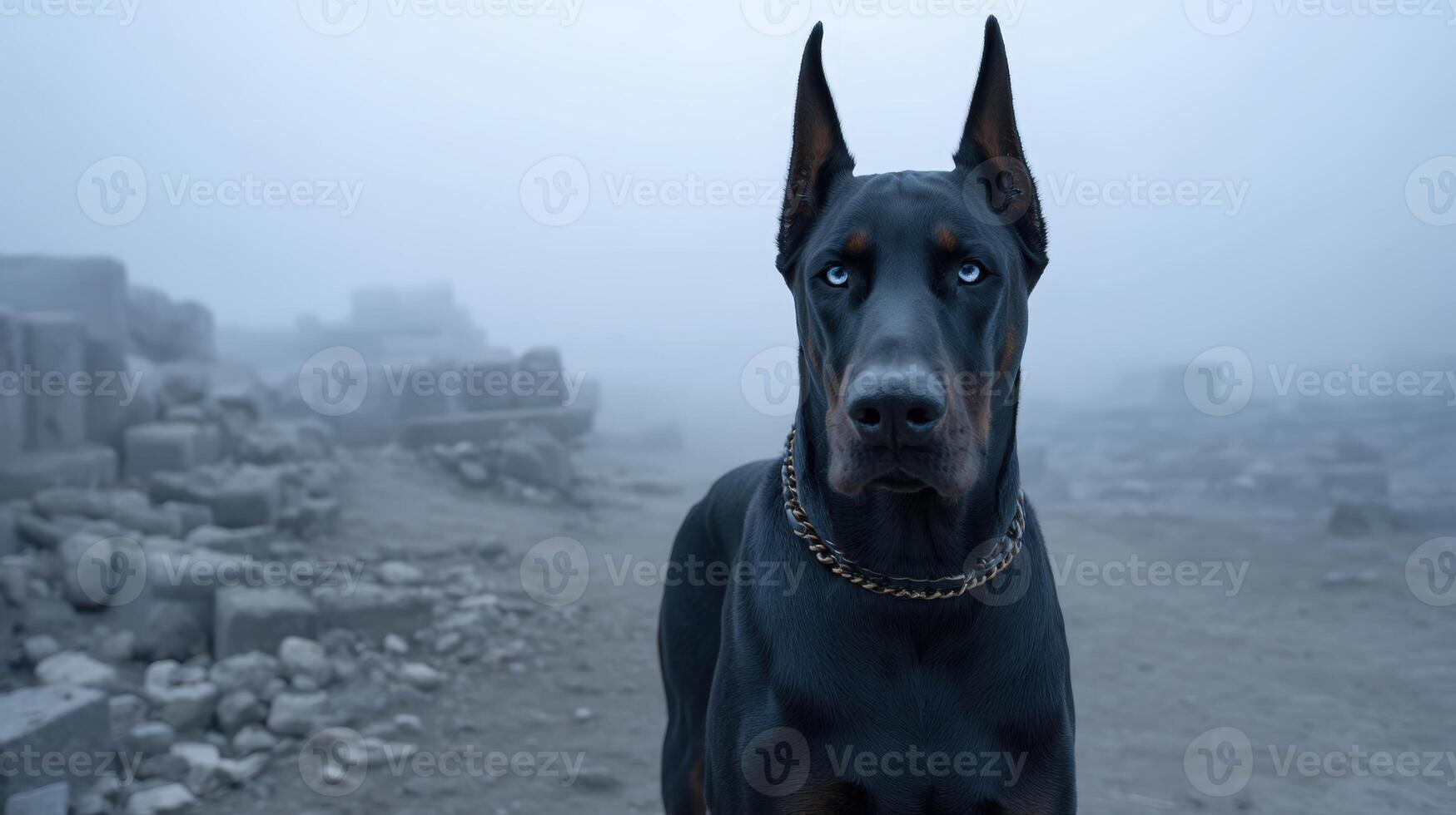 Doberman stands amidst ancient ruins under a misty sky during early morning hours photo