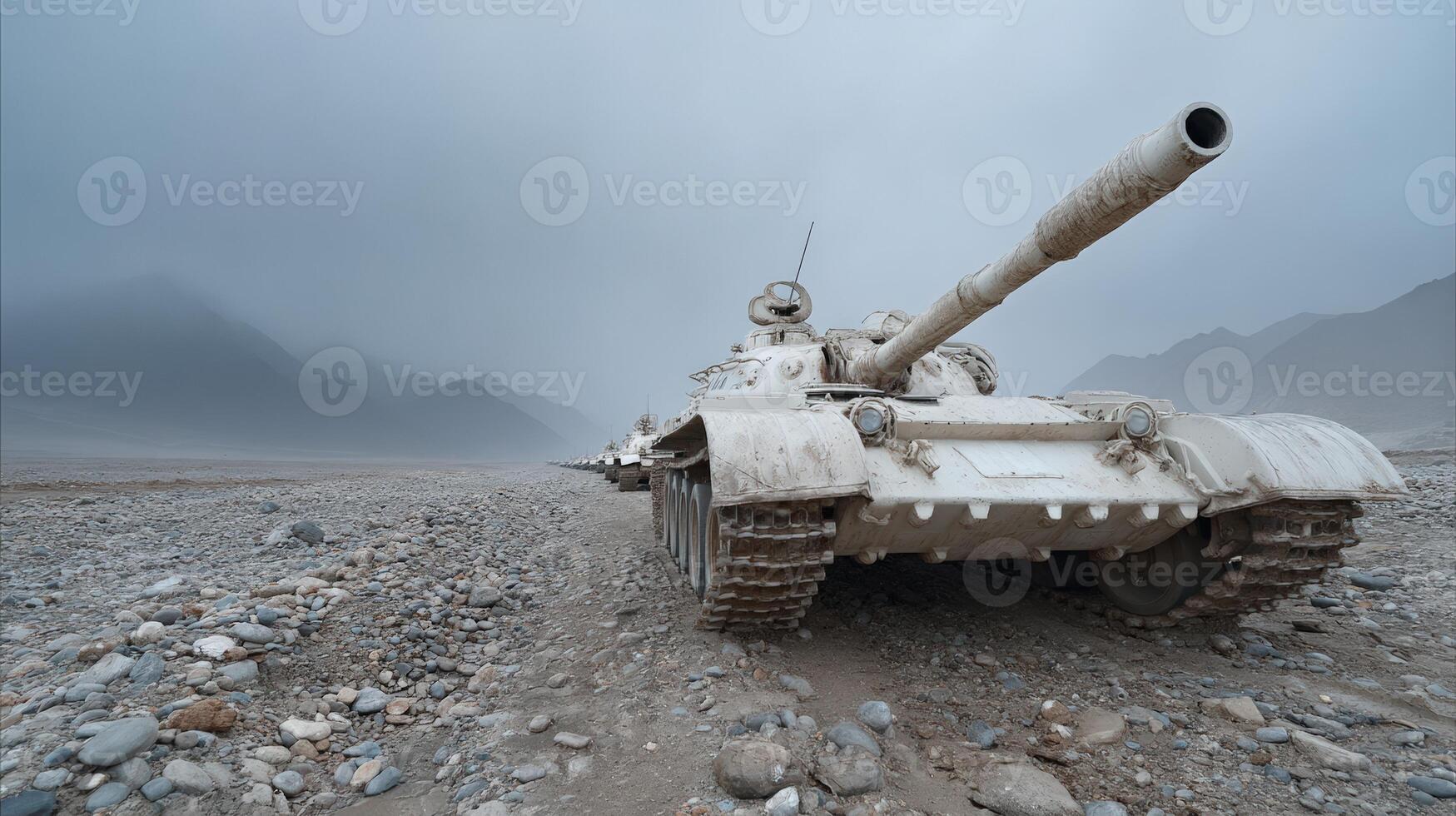 Military tank rests in desolate landscape under overcast sky in remote area photo