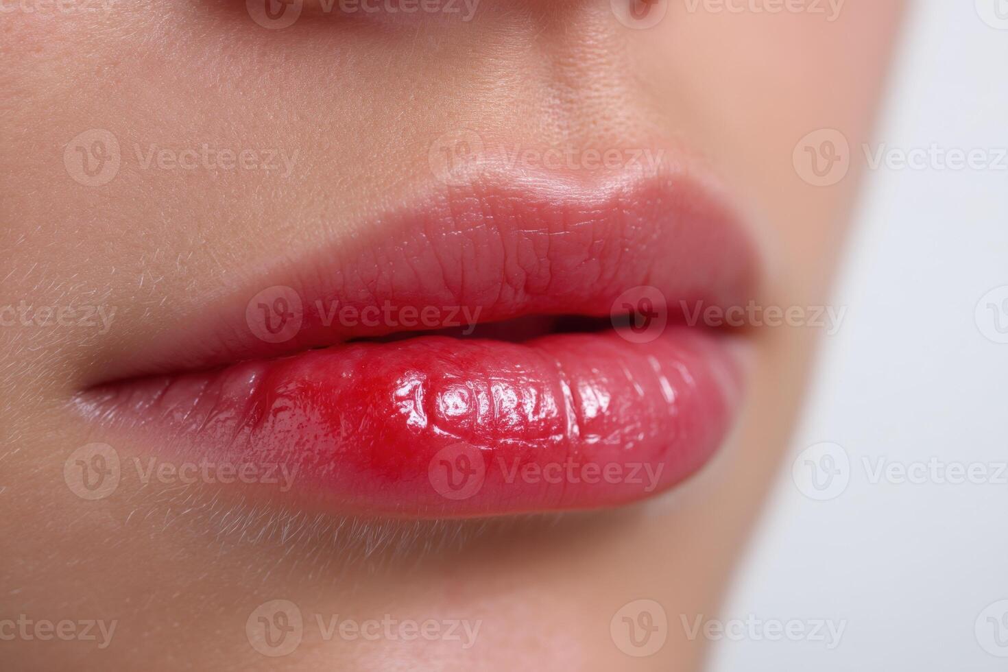 Makeup application highlights glossy lips in a beauty setting during daytime hours photo